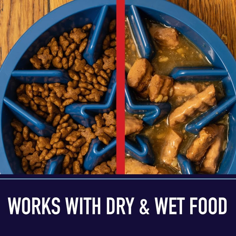 Slow Feeder Dog Bowl (2 Cup) - Puzzle Dog Food Bowl with Feeder Holes, Fits Elevated Pet Feeders, Slow Eating for Large, Medium & Small Sized Breeds - Blue