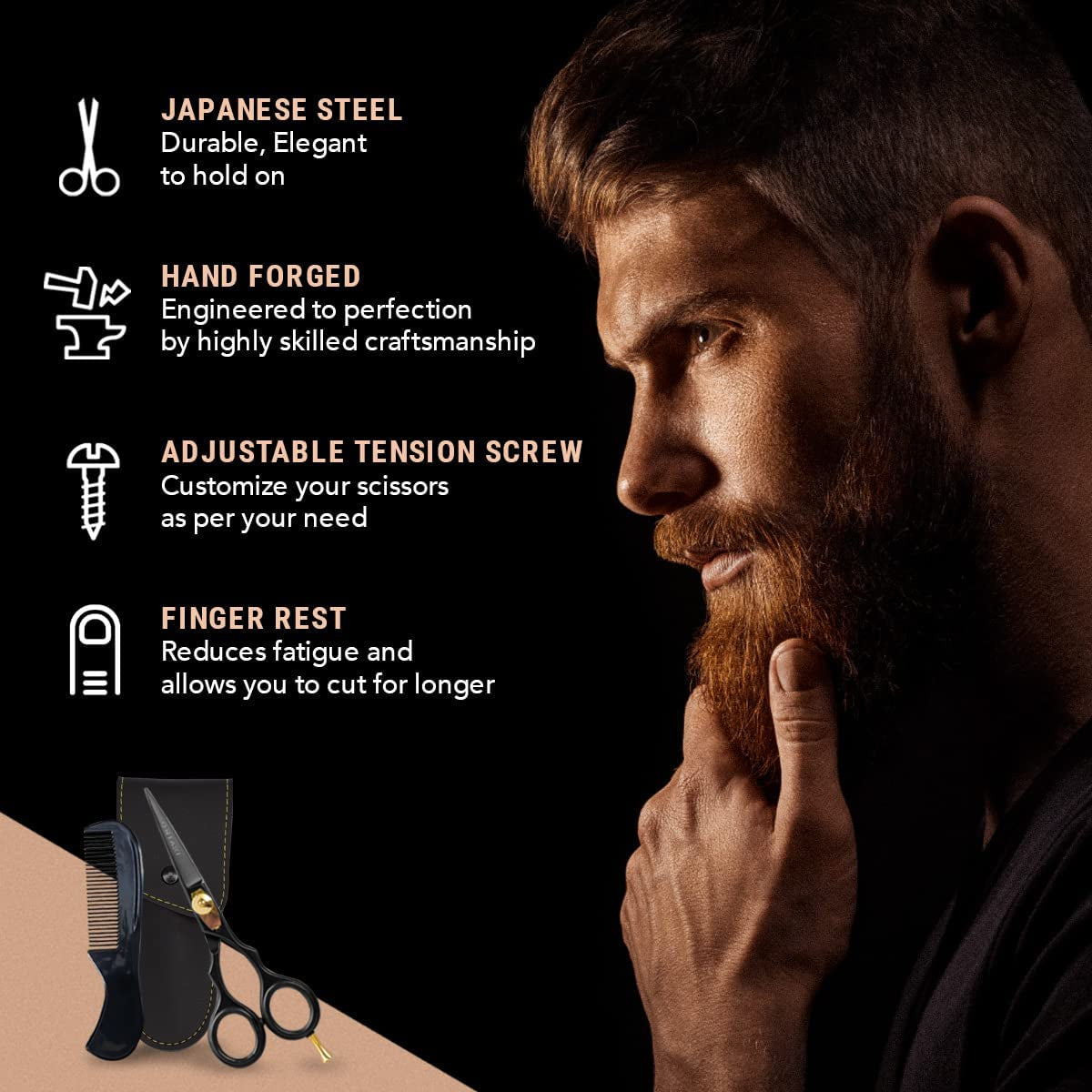 Beard & Mustache Scissors for Men - 5.5" Japanese Steel, Black - Precision Sharp Blades, Ergonomic Finger Rest & Adjustable Tension Screw for Perfect Trimming - Beard Scissors for Men